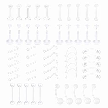 Imagem de Heuvipens 55 peças a granel flexível retentor acrílico piercing sobrancelha lábio nariz orelha piercing umbigo língua anel barra transparente conjunto de joias corpo, Metal Acrílico, Sem Pedra