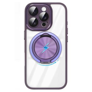 Imagem de Damesine Capa magnética para iPhone 13 ProMax com suporte giratório de 360° resistente [compatível com MagSafe] [placa traseira transparente] [borda de silicone macio] Vem com capa de câmera para