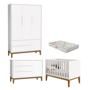 Imagem de Quarto de Bebê 3 Portas New Classic Branco com Pés Madeira e Colchão Gazin – Reller