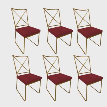 Imagem de Kit 06 Cadeiras Sala de Jantar Escritório Office Clark Industrial Ferro Dourado Suede Vermelho - Ahz Móveis
