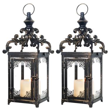 Imagem de NEEDOMO Conjunto De 2 Lanternas Decorativas Suspensas Para Ambientes Internos E Externos, Lanterna De Mesa De Metal Vintage Para Decoração De Pátio, Casa Rústica, Porta-Velas Com Vidro Transparente