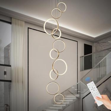 Imagem de Sparklelf Lustre Moderno De Led Com 10 Anéis Para Teto Alto, Luminária Pendente Contemporânea Dourada Regulável, Lustre Longo Para Hall De Entrada, Escada, Sala De Jantar E Sala De Estar, 3000-6500