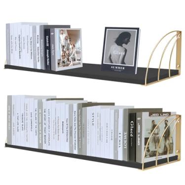 Imagem de Prateleiras flutuantes pretas longas de 91 cm para parede – Design curvado em forma de leque com suportes de livros antiderrapantes embutidos, estante de parede resistente de 1,8 cm de espessura |