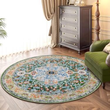 Imagem de U'Artlines Boho Tapete vintage redondo de 1,2 m lavável na máquina tapete macio antiderrapante antiderrapante para sala de estar, quarto, entrada, sala de jantar, escritório, verde