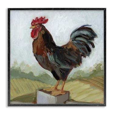 Imagem de Stupell Industries Galo empoleirado em cerca preto emoldurado giclée design de arte por Susan Winget, 12 x 12