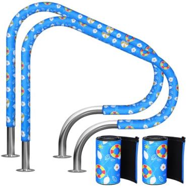 Imagem de VioraWhite 2 peças de capa de corrimão de piscina de 1,8 m com zíper resistente a deslizamento, capa de corrimão azul para trilhos, manga para trilhos, escada enterrada