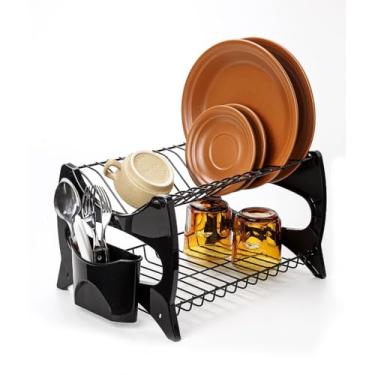 Imagem de Escorredor De Louça All Black Cozinha Prato Copo Duplo C/Porta Talheres Luxo