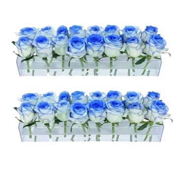 Imagem de Pacote com 2 vasos de flores de acrílico transparente, retangular, peça central floral de 40 cm de comprimento, vasos baixos com furos para mesa de jantar, decoração de casa, decoração de casamento