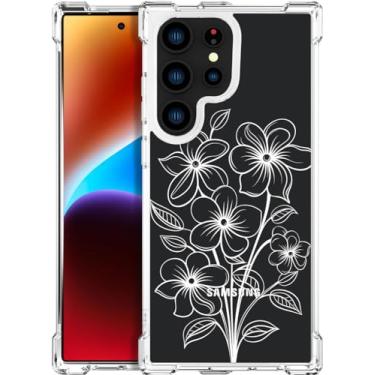 Imagem de ENDIY Compatível com Samsung Galaxy S24 Ultra Capas com design, linda capa de telefone de designer transparente para mulheres e meninas com amortecedor protetor resistente (linha de flores brancas