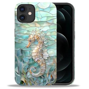 Imagem de Punmada Capa para iPhone 11, para meninas mulheres menino capa híbrida rígida à prova de choque silicone capa protetora de corpo inteiro fosco para iPhone 11 vidro submarino 3D padrão cavalo marinho