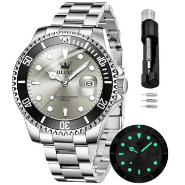 Imagem de OLEVS Relógios masculinos modernos à prova d'água, analógico, inoxidável, data, semana, diamante, luminoso, relógio masculino, Cinza e prata