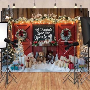 Imagem de Pano de fundo de Natal vermelho porta de celeiro pinheiro brinquedo presente quente inverno barra de chocolate quente natal feriado festa banner cena de fazenda neve boneco de neve cenário de