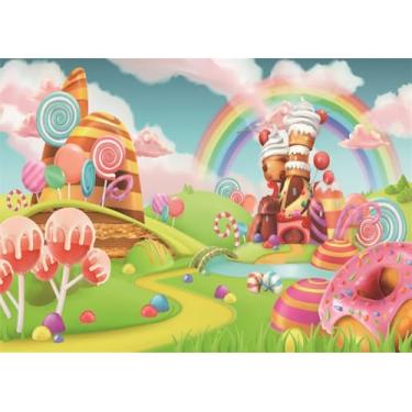 Imagem de SADFA Sweet Candyland Pano de fundo para fotografia de 1,5 x 0,9 m, sorvete, pirulito, doces, terras, faixa de aniversário, porta-malas ou lembrancinhas, adereços para sessão de fotos