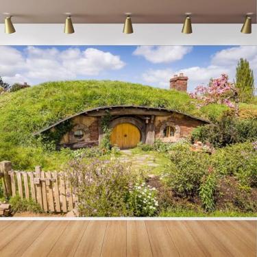 Imagem de CapiSco Pano de fundo de caverna Hobbit 2,8 x 1,5 m Matamata rural Hobbit Living Cabin Green Grass Garden Hobbiton Cave Background Ring Lord Fans Party Birthday Party Decorações Banner