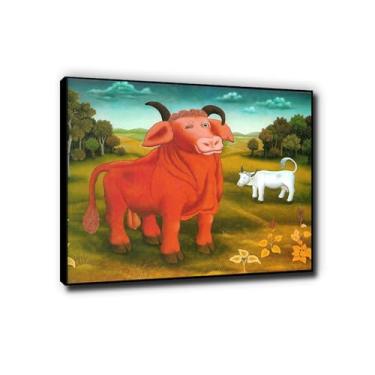 Imagem de Ivan Generalic Painting The red bull famosa impressão de arte de parede em tela pronto para pendurar pôster de arte ingênua para imagem decorativa de casa 50 x 60 cm moldura preta