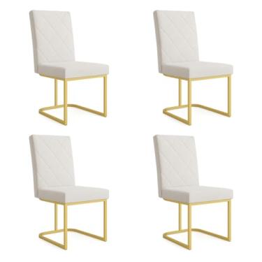 Imagem de Kit 04 Cadeiras de Jantar Estofada Siena Linho Bege Base de Ferro Dourada - Pallazio