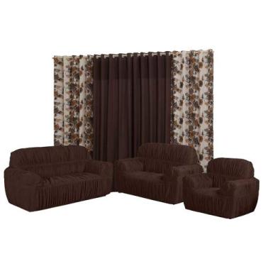 Imagem de Kit Capa para sofá 3, 2 E 1 lugares Elasticada + cortina modelo Florat
