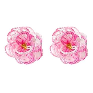 Imagem de 2 peças de flores feitas à mão com contas de sementes de vidro rosa, gradiente 3D, pingentes de flores rosa com contas para joias faça você mesmo, colar, brinco, broche, bolsa de sapatos, decoração