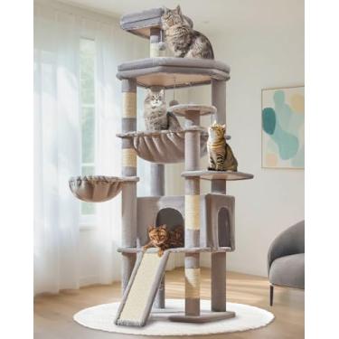 Imagem de Taoqimiao Árvore de gato de 182 cm para gatos grandes, torre alta de vários níveis, condomínio para gatos alargado com grande quadro de arranhões, 5 postes para arranhar, rede de metal, cesta