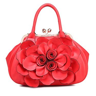 Imagem de SUNROLAN Bolsas de mão femininas de flor 3D, sacos de noite em couro PU com strass, bolsa transversal com alça removível, Vermelho, Medium