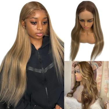Imagem de Peruca de cabelo humano frontal frontal de 76 cm com destaques ombré, marrom e loiro, cabelo humano longo liso para mulheres, sem guleless, pré-arrancado com cabelo de bebê, parte livre de balayage