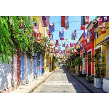 Imagem de Pano de fundo de rua da Colômbia patrimônio histórico de viagem de 2,8 x 1,5 m - bandeira do mundo ruas coloridas cênicas Cartagena Getsemani District perto do fundo do estúdio de cidade murada