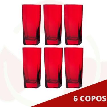 Imagem de Jogo de Copo Vidro Bali 320ml Quadrado Vermelho Agua - 6Un - PRATICASA