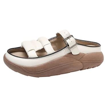 Imagem de rismart Chinelos femininos plataforma bico aberto largura larga conforto verão caminhada nuvem sandálias deslizantes, Bege, 35
