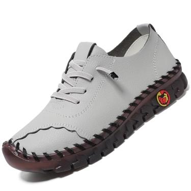 Imagem de Mocassins femininos de couro macio sem cadarço modernos feitos à mão bordados florais sapatos de caminhada conforto ortopédico 4D alívio da dor sapatos casuais, Cinza, B, 35