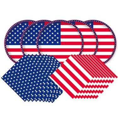 Imagem de Conjunto de utensílios de mesa de papel patriótico com bandeira americana – incluindo guardanapos, pratos de jantar, pratos de sobremesa e copo de papel para o dia das eleições de veteranos em 4 de julho, Serve 50, Serve 50