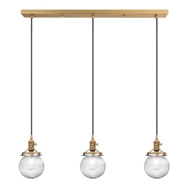 Imagem de Phansthy Iluminação de ilha de cozinha, lustres lineares de 3 luzes, luz suspensa com sombra de vidro listrado globo de 15 cm, luminárias pendentes de 3 luzes para sala de jantar e fazenda (ouro