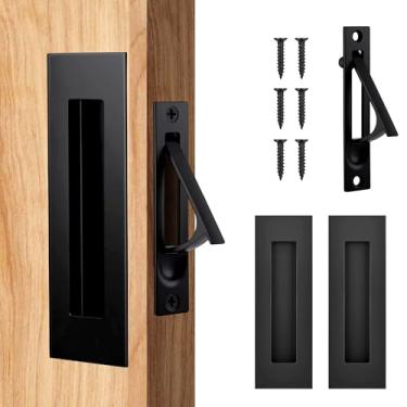 Imagem de Lpraer Conjunto de ferragens de porta de bolso preto fosco de 150 mm, 2 puxadores embutidos + 1 puxador de borda, aço inoxidável 304 para portas de celeiro deslizantes de madeira maciça
