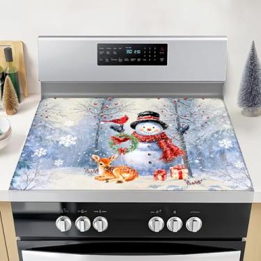 Imagem de Capas superiores de fogão Feliz Natal para fogão elétrico 71 x 50 cm, boneco de neve azul de Natal resistente ao calor almofada de indução protetor de bancada lavável dobrável