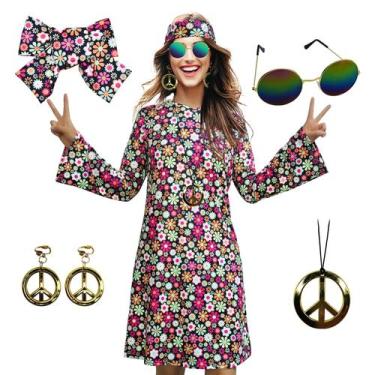 Imagem de Vestido de fantasia MRYUWB Hippie dos anos 70 com colar, brincos, ócul