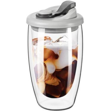 Imagem de Caneca de café PARACITY de parede dupla de vidro 450 ml com tampa cinz