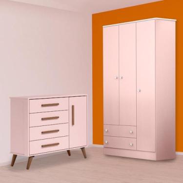 Imagem de Quarto Infantil Guarda Roupa e Cômoda Sapateira Retro Rosa - Qmovi