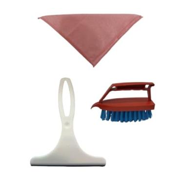 Imagem de Kit de Limpeza Doméstica, 3 Peças, Pano de Microfibra Rosa, Rodo Slim Branco, Escova de Limpeza Vermelha e Azul