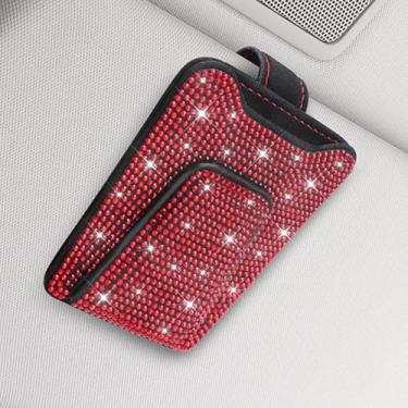 Imagem de Sparkling Rhinestone Car Visor Sunglasses Holder Clip with Red Stitching,Easy-Install Accessory for Women & Men,Secure & Stylish Glasses Organizer