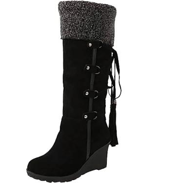 Imagem de Botas femininas longas de inverno para neve com forro de pele quente com cadarço e salto anabela, botas longas antiderrapantes para inverno botas de cano alto com pullon, Preto, 8.5