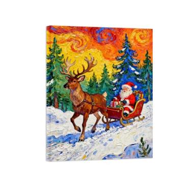 Imagem de Pinturas em tela Natal-Quadros Decoração de Parede-Trenó veado árvores floresta-Inverno Paisagens Impressões para Sala de Estar 60x80cm Tela Embrulhada