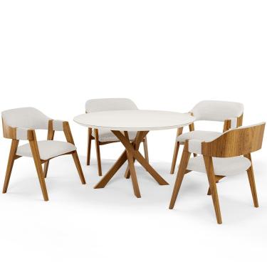 Imagem de Mesa De Jantar Redonda Cora 120cm Off White M04 com 04 Cadeiras Living Suran Bouclê Cru - Lyam