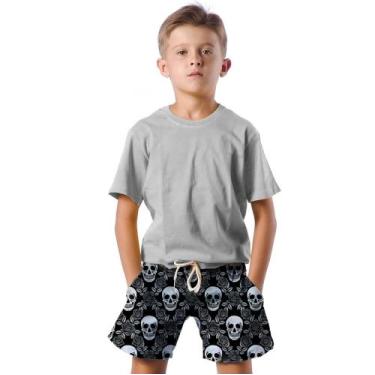 Imagem de Shorts Infantil Bermuda Calção Praia Verão Caveiras Flores Dark 373 - 