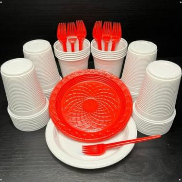 Imagem de Kit 300 Itens Festa Aniversário Descartáveis Plástico Colorido Perolado 100 Pessoas Completo Pratinho Garfinhos Copos (Branco Vermelho)