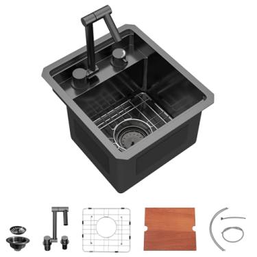 Imagem de Dcolora Pia de cozinha para trailer, 33.0 cmx38.1 cmx22.9 cm Gunmetal preto #DC-RV0003GB, pia de barra de montagem inferior com torneira dobrável, pia de cozinha pequena de aço inoxidável 304 premium