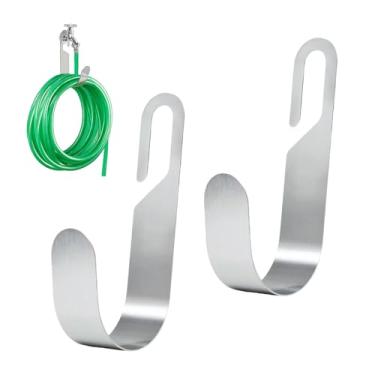 Imagem de FoyaHome Gancho de mangueira de jardim, 2 peças de aço inoxidável suporte de mangueira de água e suporte de armazenamento para exterior, suporte de mangueira resistente prata para jardim, quintal