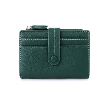 Imagem de Carteira feminina pequena, dobrável, de couro com bloqueio de RFID, porta-moedas com janela para identidade e porta-cartão de crédito, Verde, liso