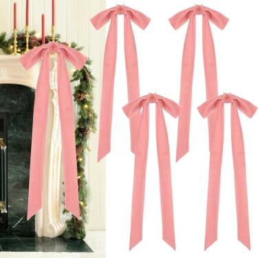 Imagem de 8 peças de laços de Natal de veludo rosa, 50 x 21 cm, laços de fita de veludo extra grande com cauda longa, laços rústicos para árvore de Natal, guirlanda, escada, lareira, decoração de Natal para