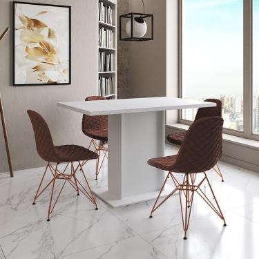 Imagem de Mesa Jantar Londres Tampo Branco 120Cm 4 Cadeiras Base Cobre Estofado Caramelo