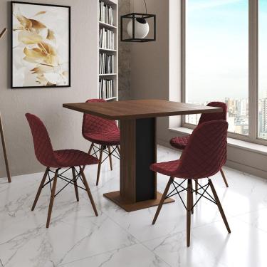 Imagem de Mesa Jantar Londres Quadrada Amêndoa 90M Base Preta 4 Cadeiras Eames Estofadas Vermelho Madeira