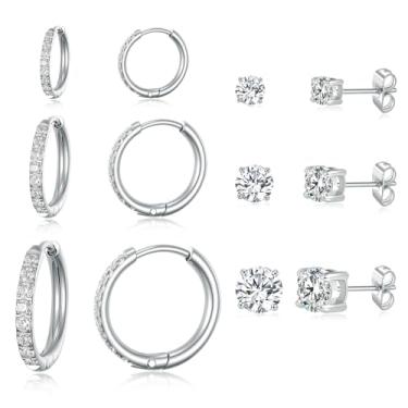 Imagem de Gemsme Brincos de argola de aço inoxidável cirúrgico 316L, banhado a ouro 18 K, conjunto hipoalergênico de zircônia cúbica para mulheres e homens, Aço inoxidável, Zircônia cúbica